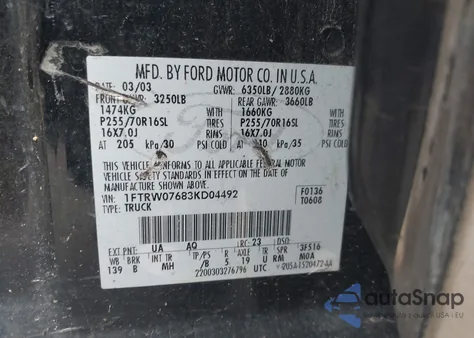 2003 Ford F150 Lariat/Xlt from USA, damaged, VIN 1FTRW07683KD04492